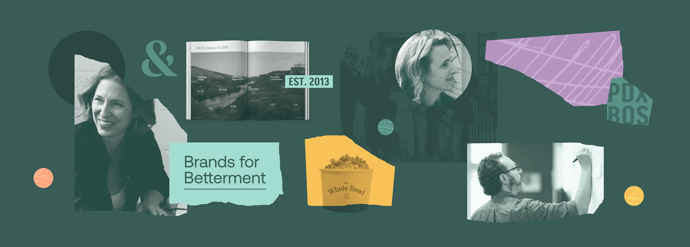 A collage of imagery with torn edges and colored shapes representing moments from Smith & Connor's 10 Year history.