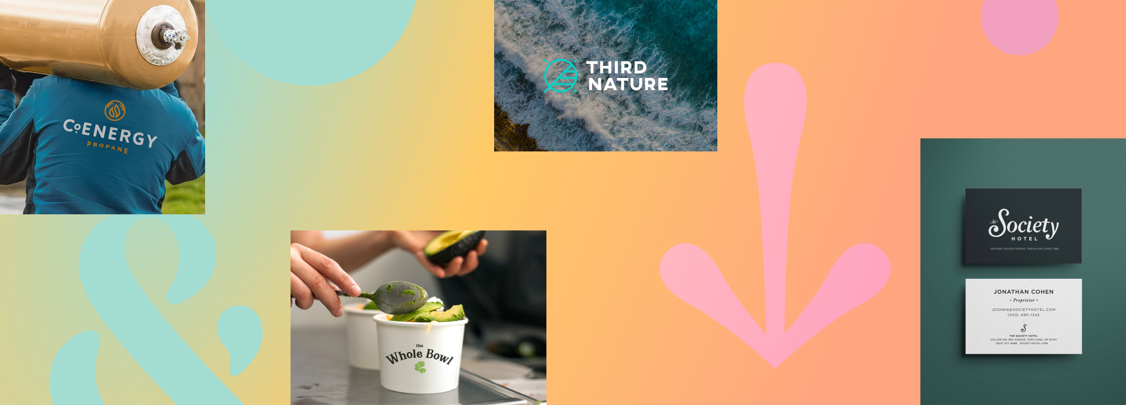 Small thumbnail images of Smith & Connors design work including a t-shirt design, package design, logo, and business card against a rainbow colored gradient.