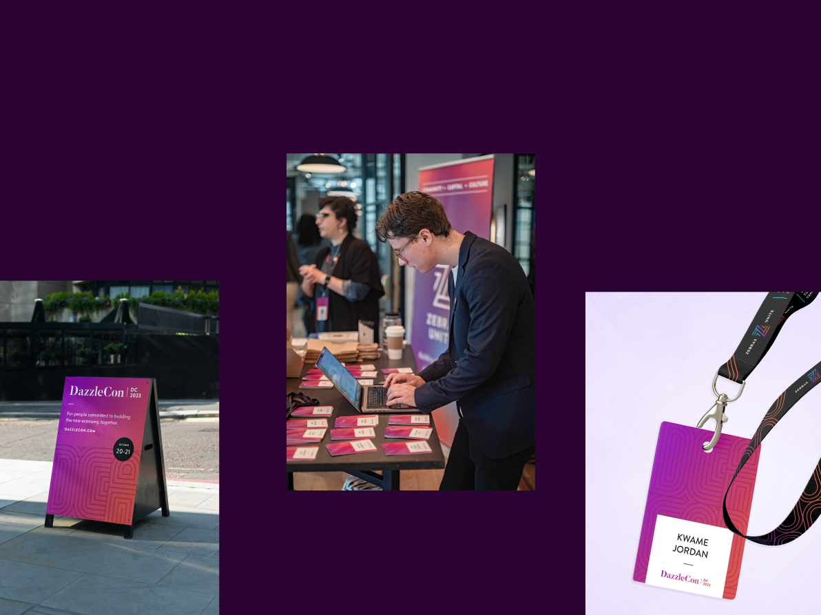 A-frame signage, badges for the event on a check in table, and the badge design for DazzleCon '23. 