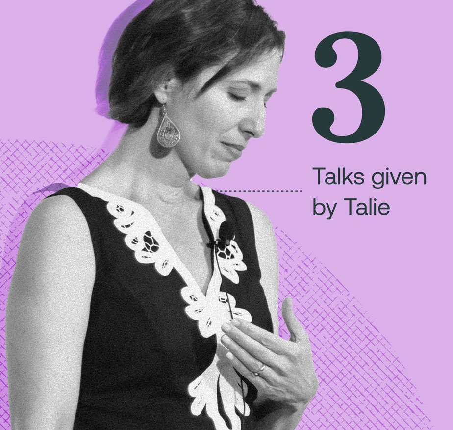 A photograph of Talie Smith speaking at an event collaged with the text "3 talks given by Talie."