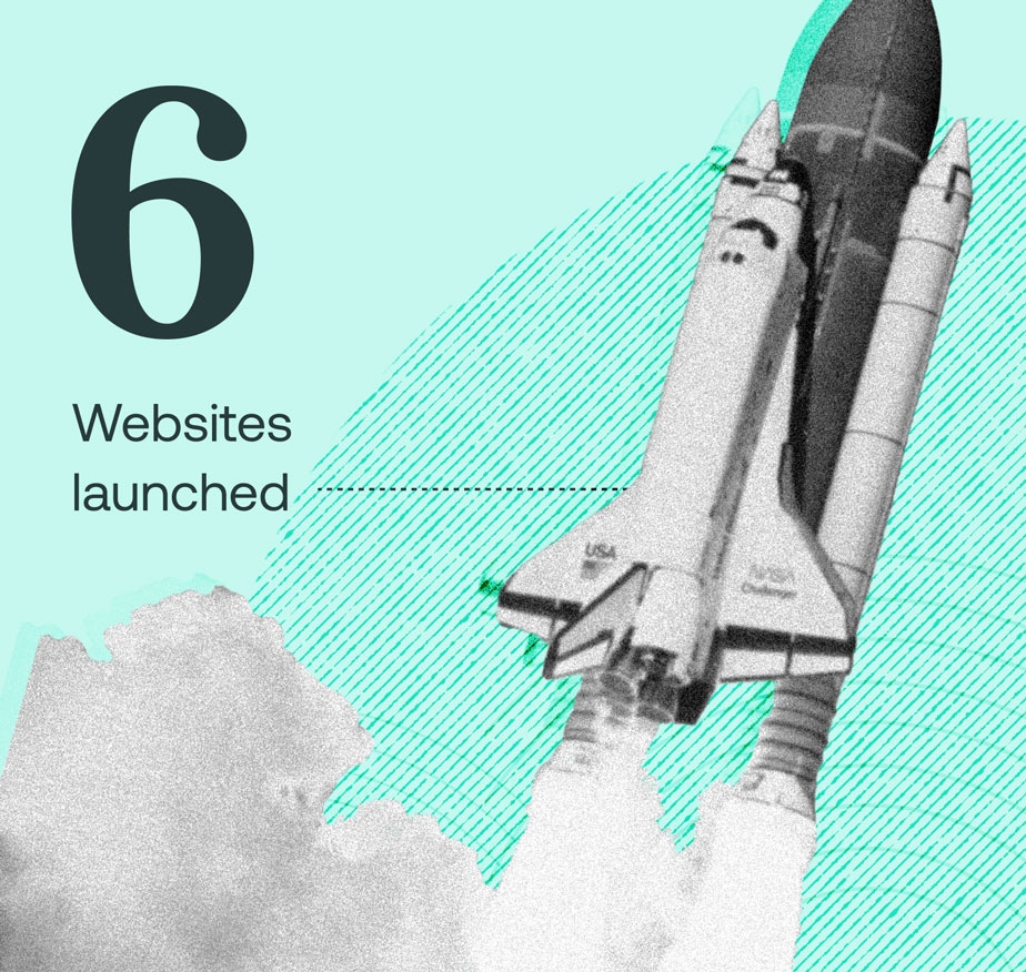 A photograph of a rocket collaged onto a patterned background, with the text "6 websites launched."