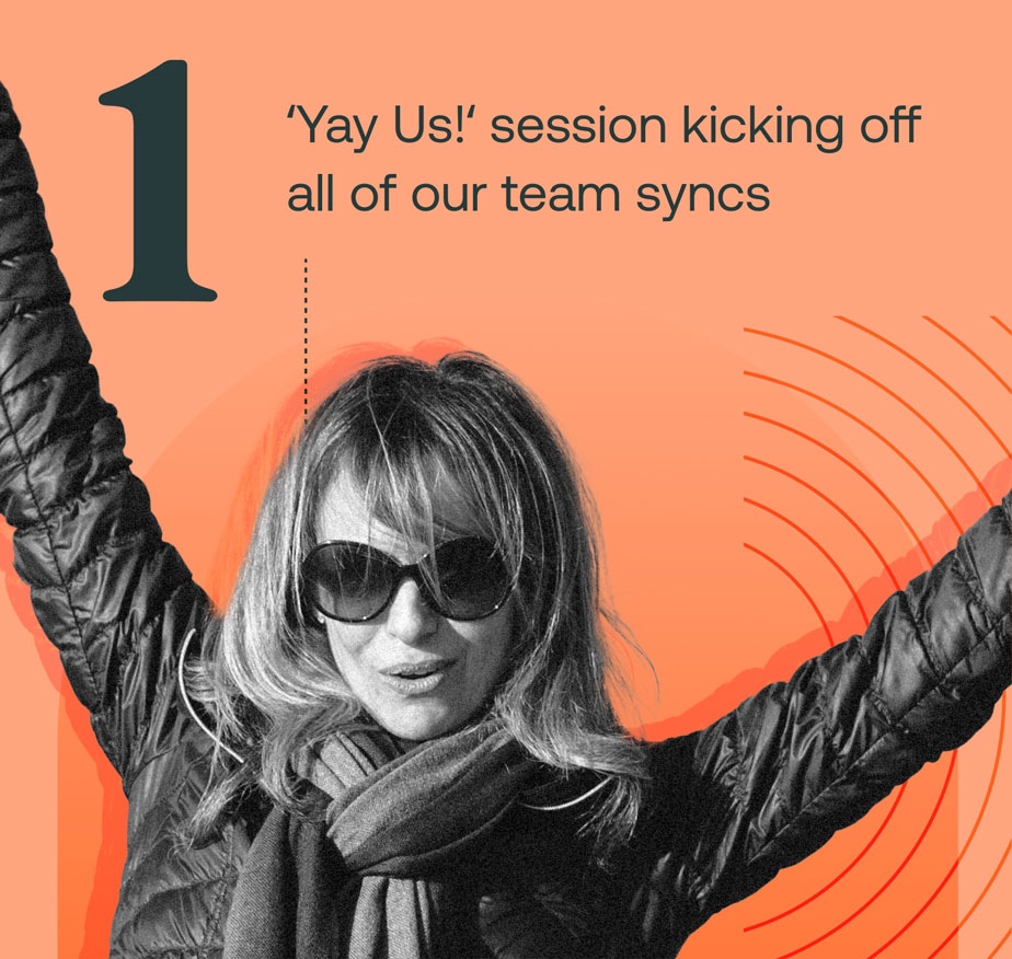 A photograph of Becca Connors throwing her hands up in the air with a smile with the text "1 ʻYay Us!ʻ session kicking off all of our team syncs "