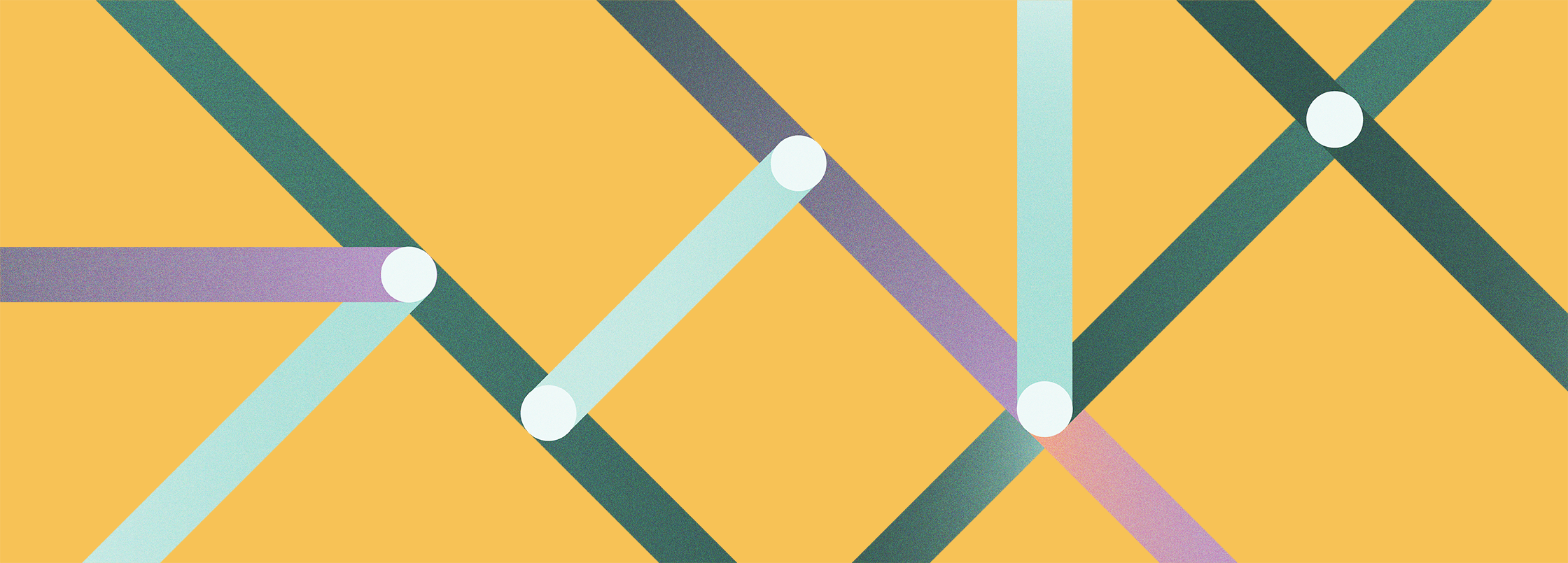 A series of colorful lines cross over each other, with white dots where they intersect. A visual metaphor for creating clear pathways of understanding, and connecting complex ideas.
