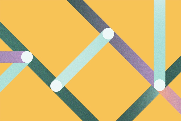 A series of colorful lines cross over each other, with white dots where they intersect. A visual metaphor for creating clear pathways of understanding, and connecting complex ideas.