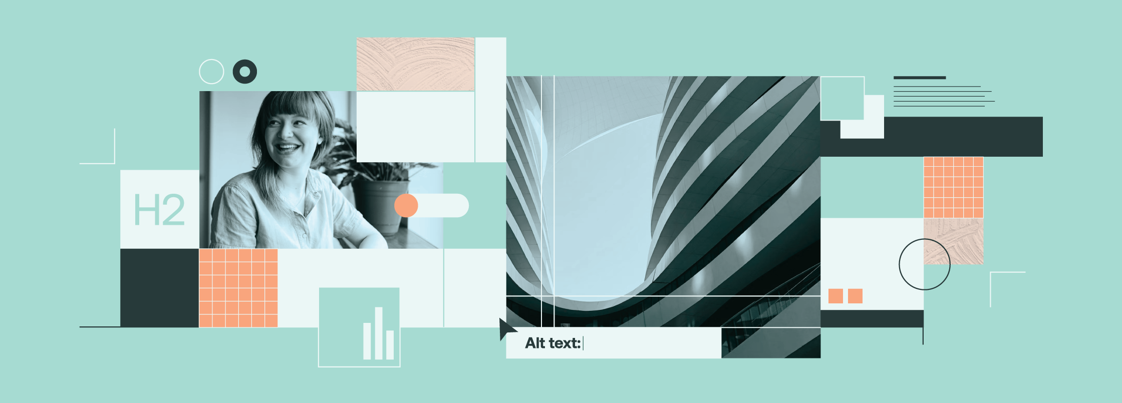 A layered collage with overlapping boxes that represent text, images, and UI elements. This represents the sometimes chaotic web of content types you need to consider as you're building a website.