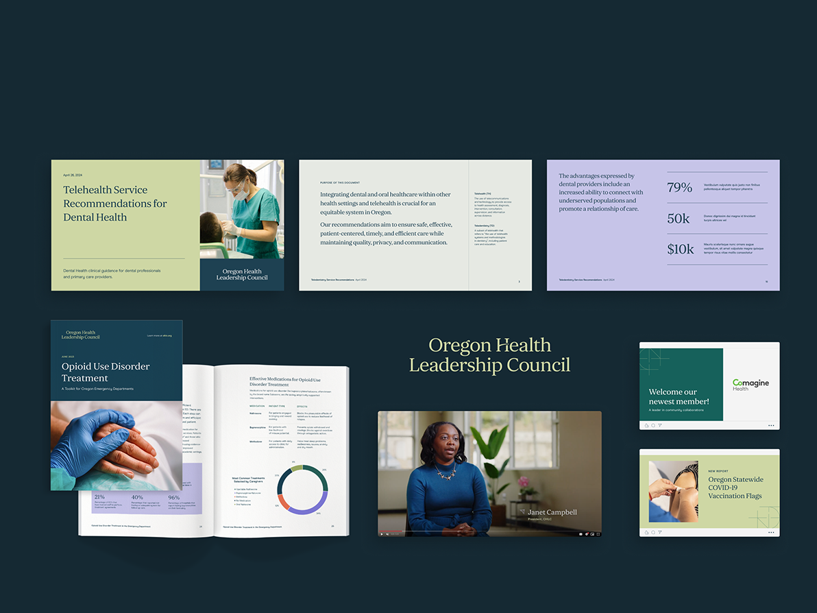 A collage of various marketing materials designed for OHLC. Top row: PowerPoint slide designs. Bottom left: Report design. Bottom middle: The OHLC logo and a snapshot from their explainer video. Bottom right: a couple of social media post designs.