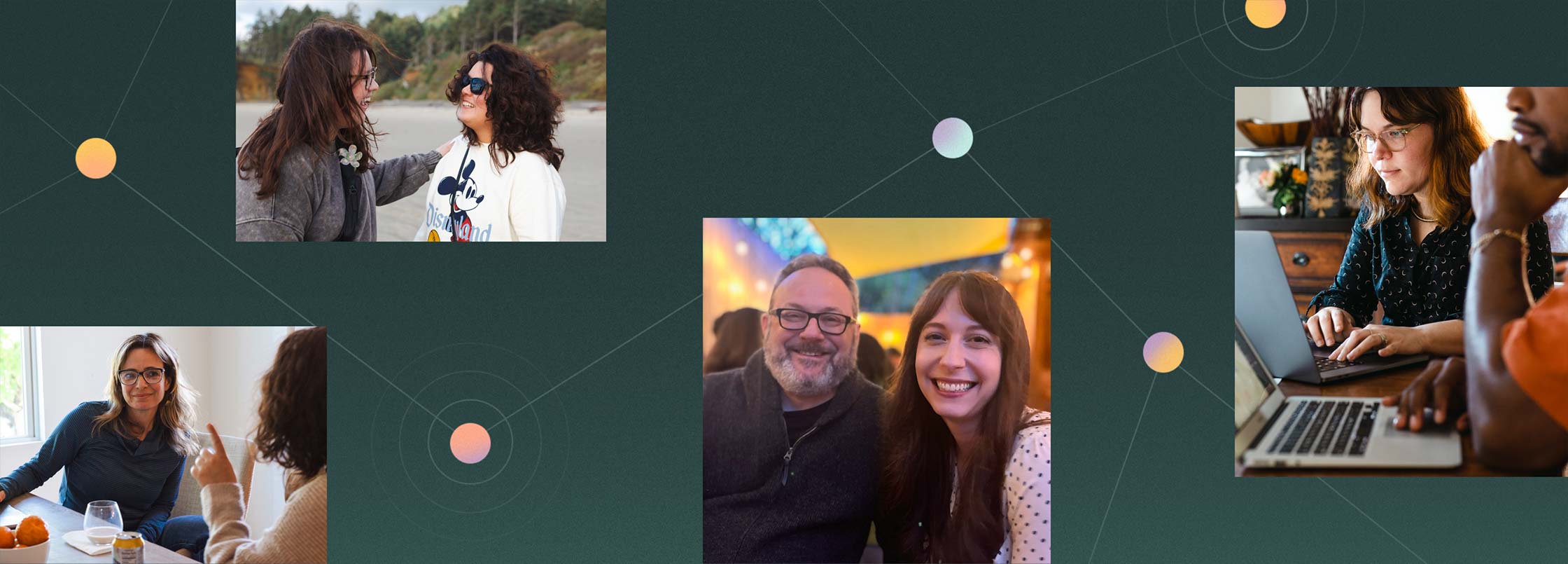 A collage of images from our team retreats. A mixture of team members working and smiling together. The background is a grid of dots connecting.