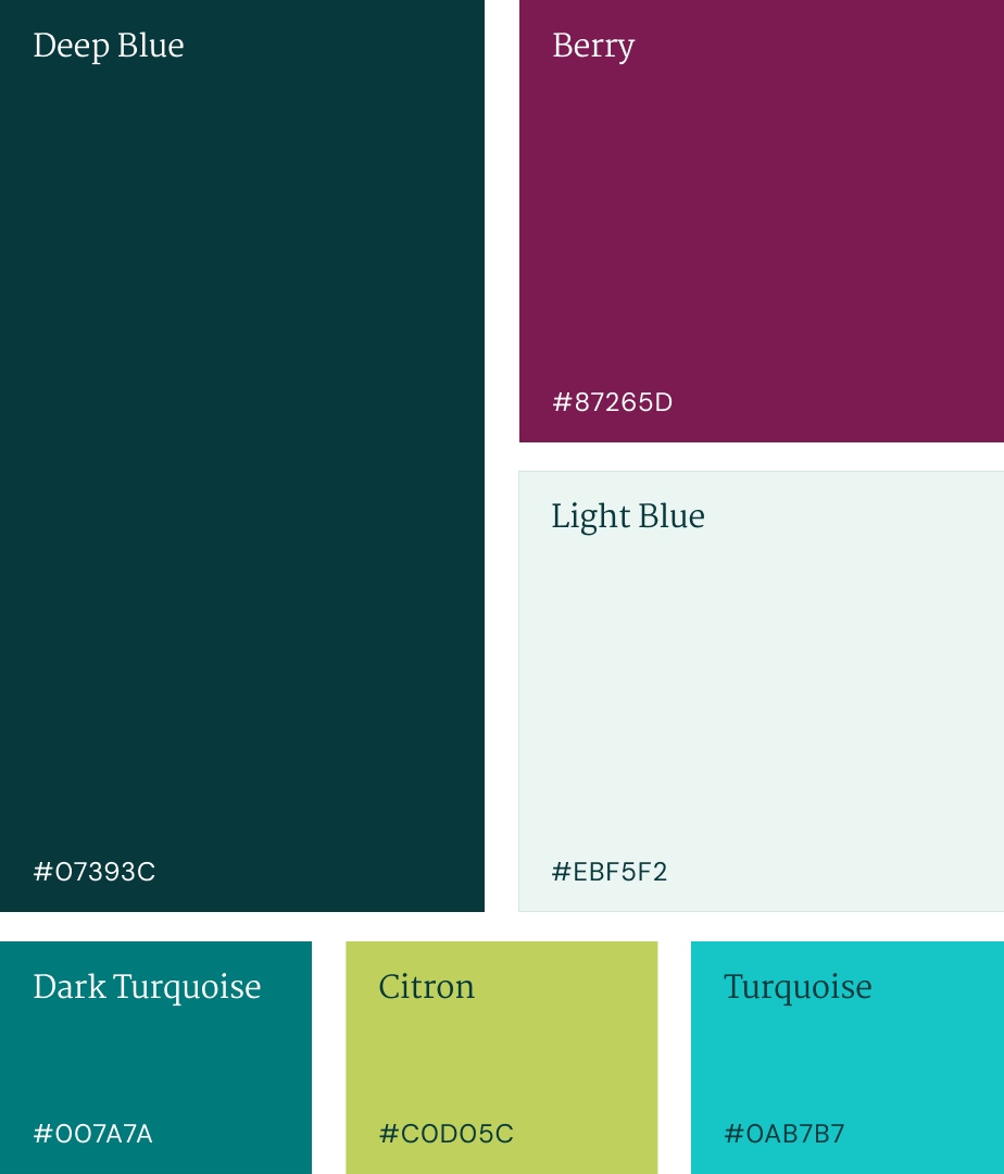The color palette for the new Morrison website includes dark blue, berry, a light dusty blue, turquoise, dark turquoise, and a citron green.