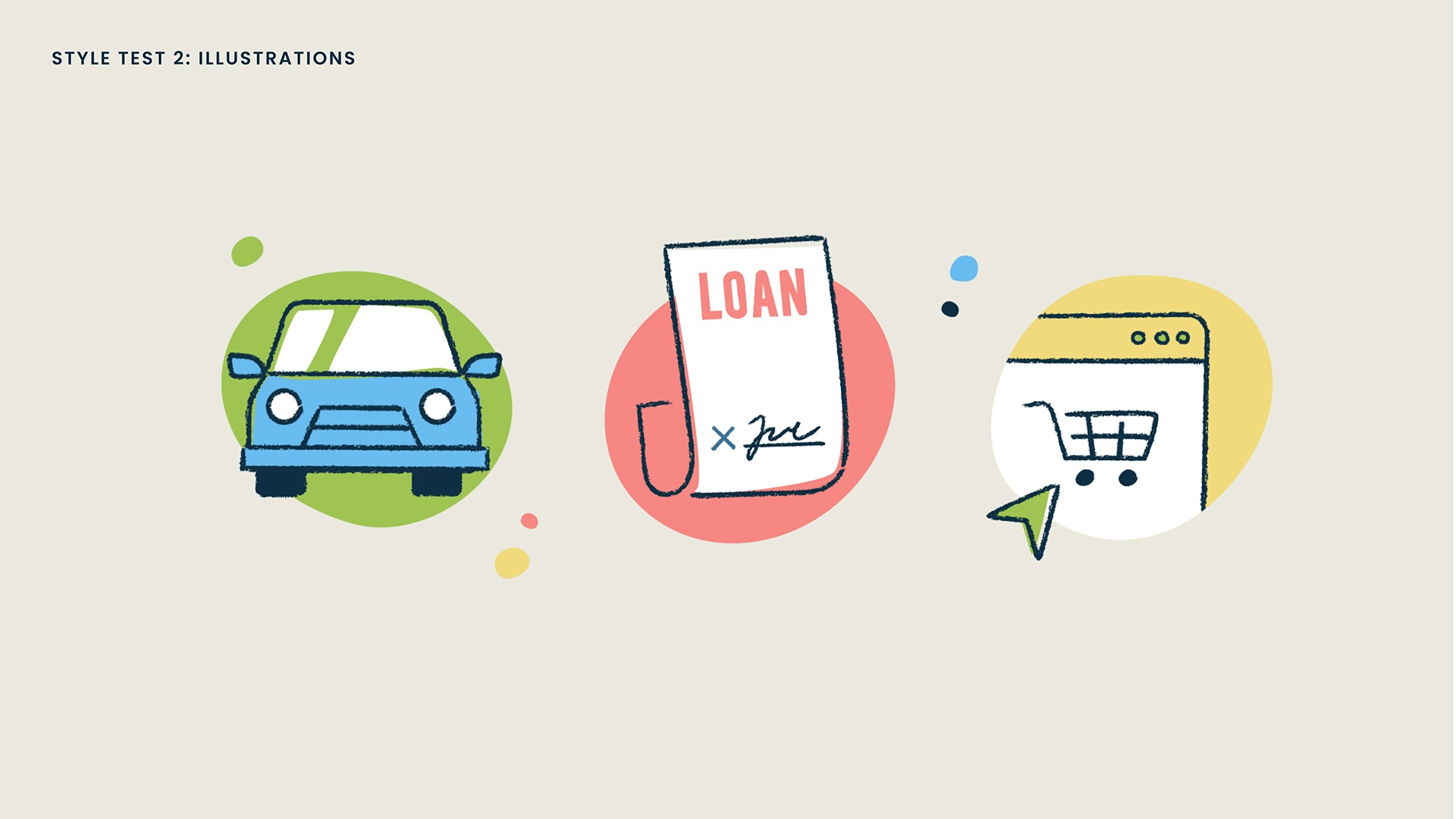 The second iteration of illustration styles incorporated more texture and imperfect shapes as colorblock backgrounds for the illustrations.