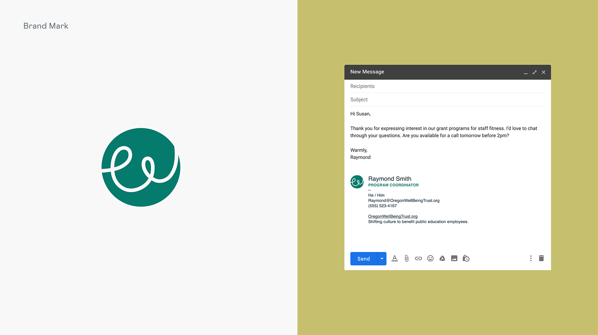 The new OWT brandmark next to a mockup of the new email signature design.
