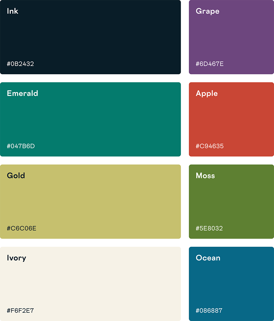 The new color palette for OWT includes dark blue, emerald green, gold, ivory, grape purple, apple red, moss green, and ocean blue.