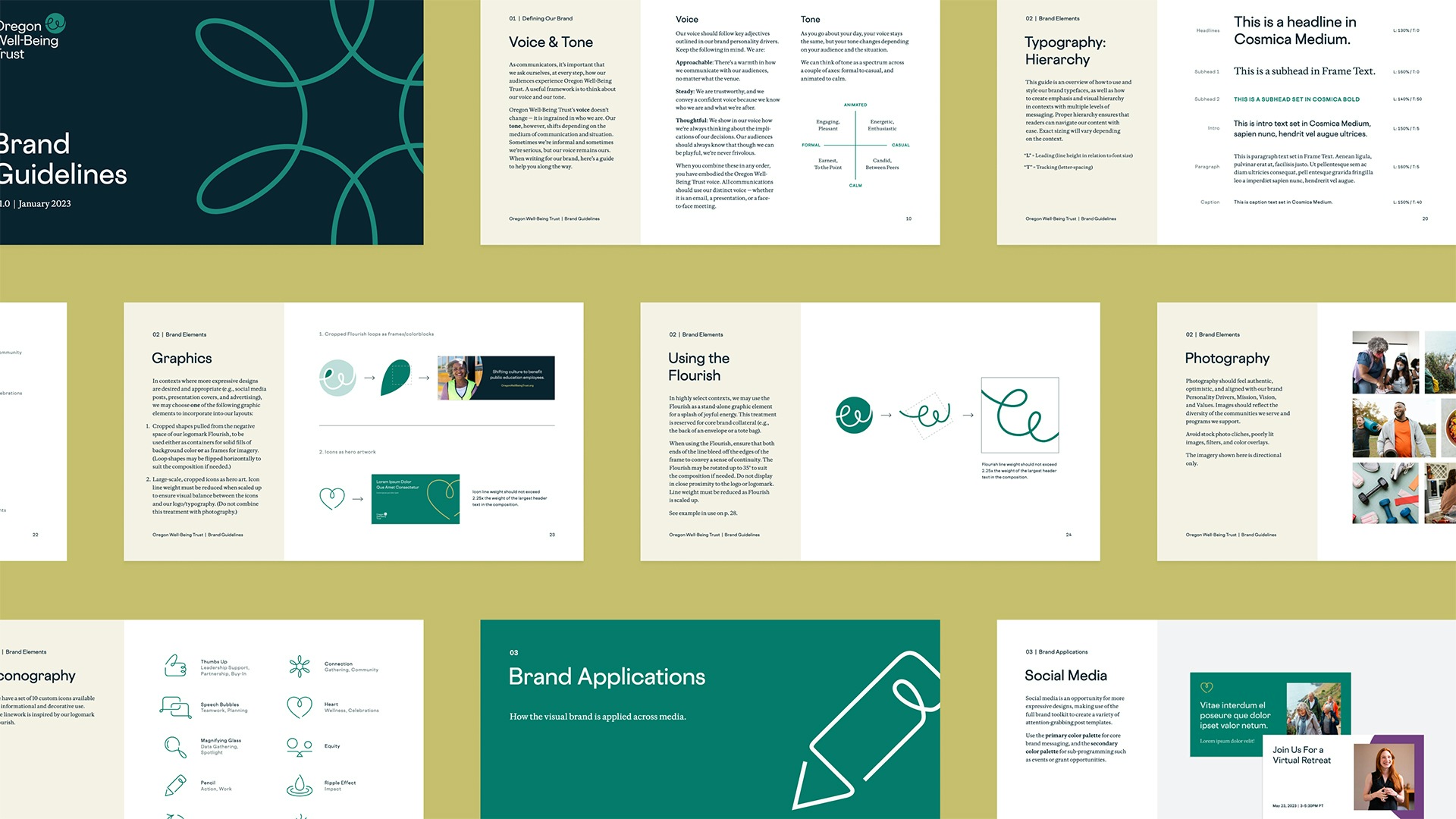 A grid of pages from the brand guidelines for OWT's new brand.