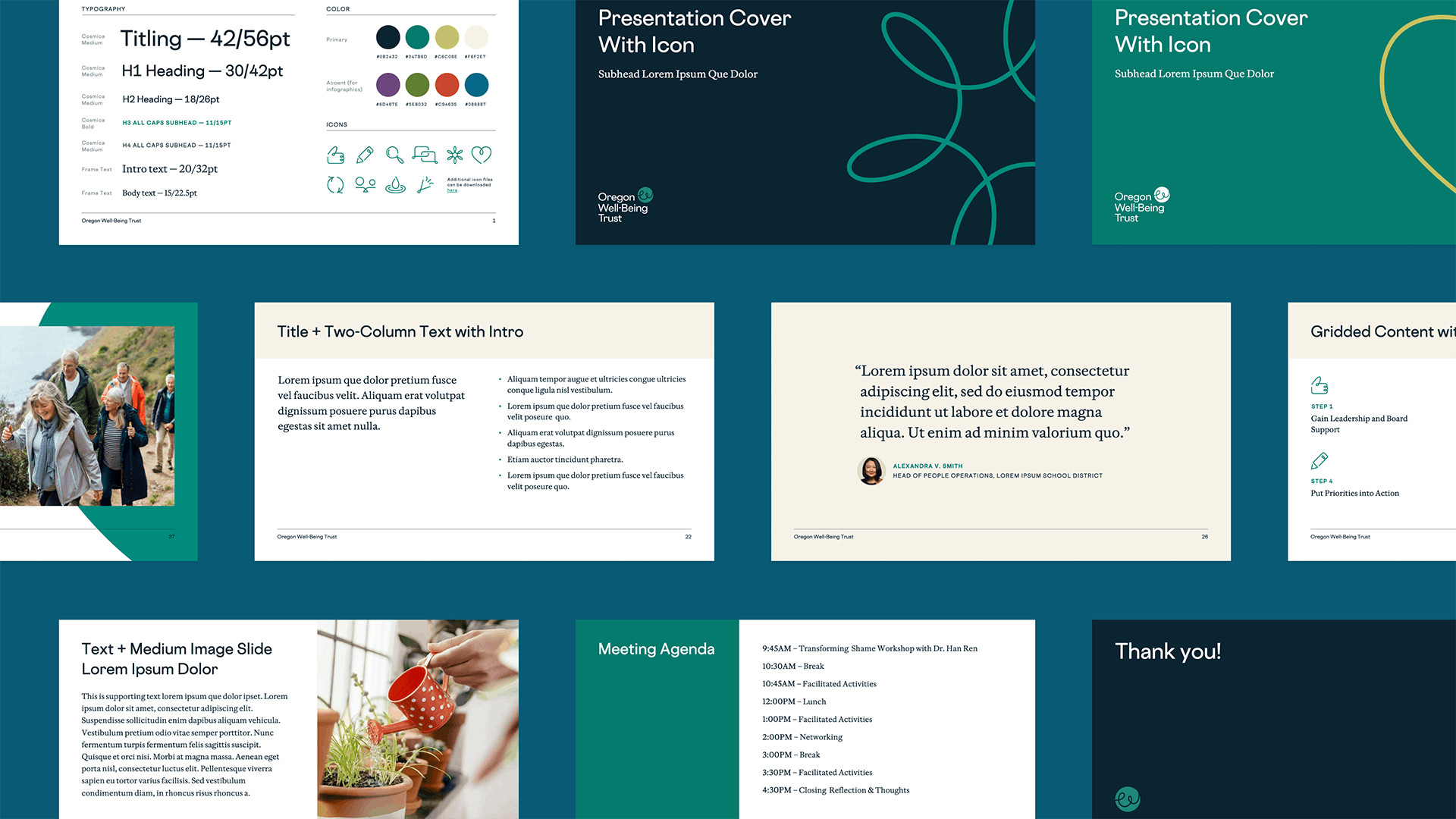 The new PowerPoint template we designed for OWT includes a variety of slide designs, seen here in a grid.