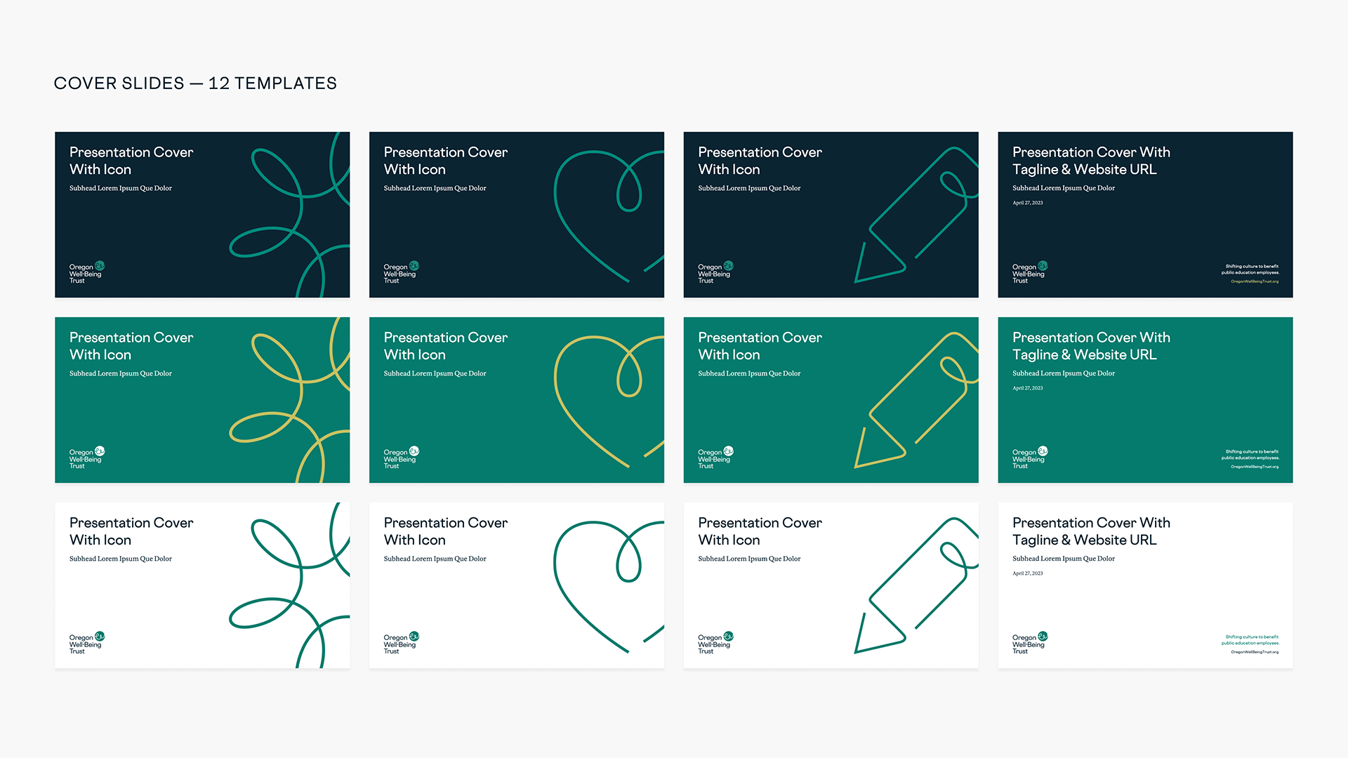 A grid of cover designs for the PowerPoint template, which uses the new iconography.
