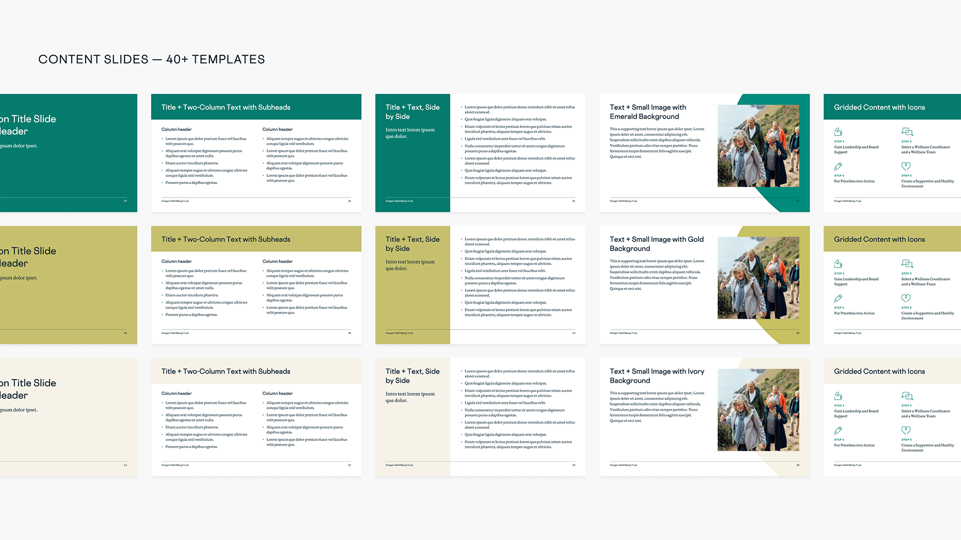 A grid of content slide designs from the PowerPoint template.