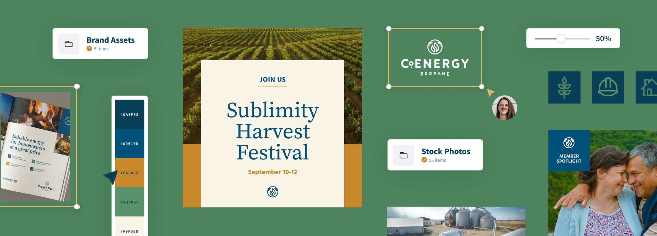 A collage of interface elements and images  surround a template design example from our custom Canva setup.