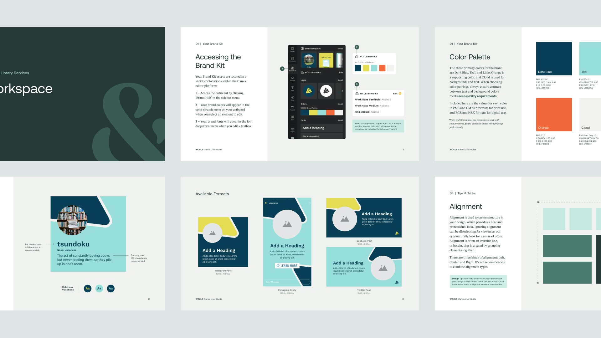 a grid of pages from our custom Canva user guide