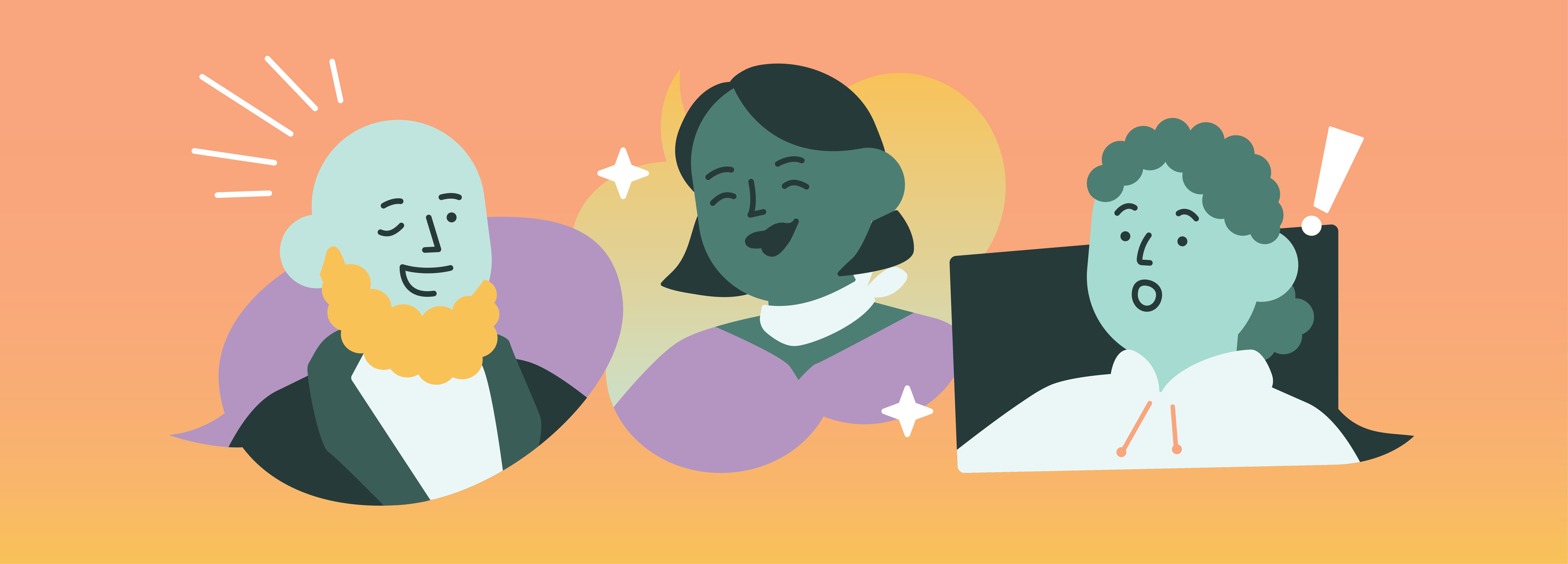 An illustration of three people having a conversation. Each person sits in their own unique chat bubble and has a varying expression, from happy to concerned.