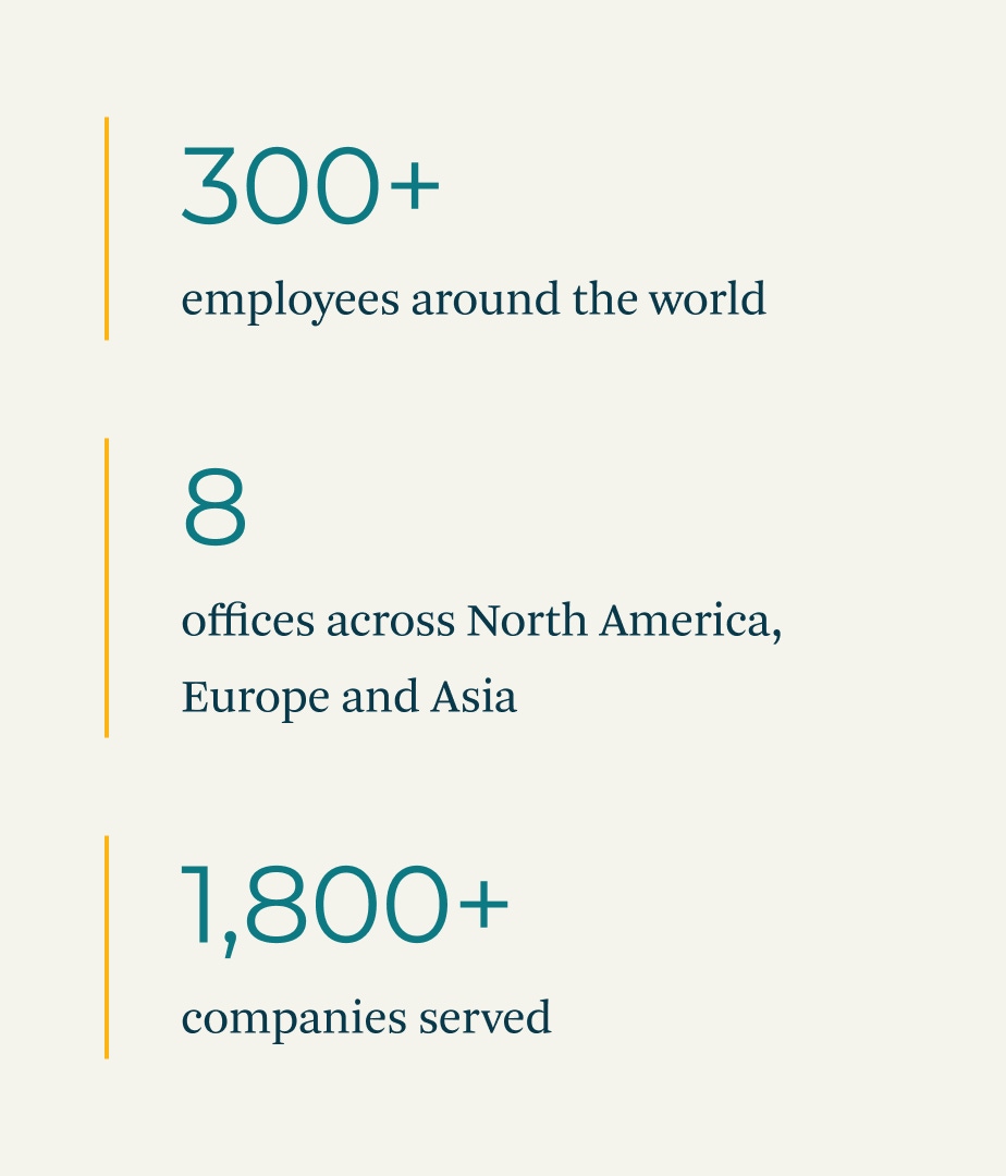 Statistics from the 3Degrees website project: 300 employees around the world; 8 office across North America, Europe and Asia; 1800+ companies served.