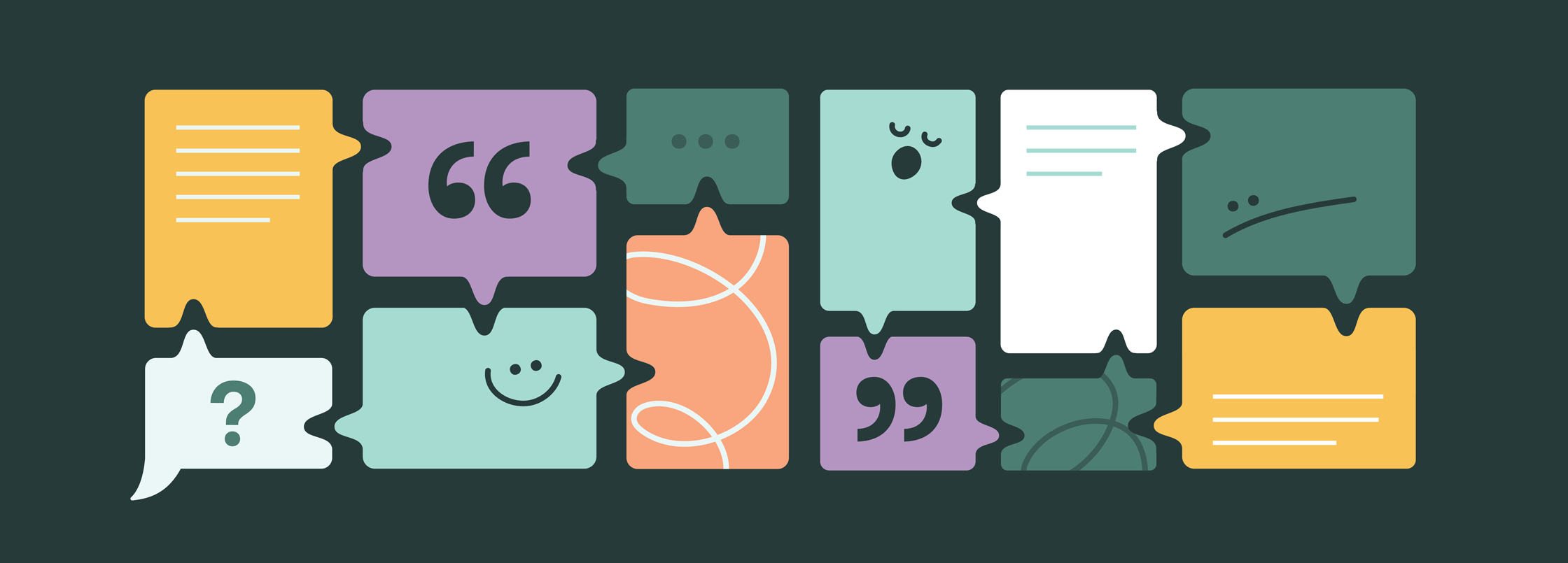 A grid of speech bubbles linked together creating a dialogue. Some of the speech bubbles have scribbles, quotation marks, or happy and sad faces.