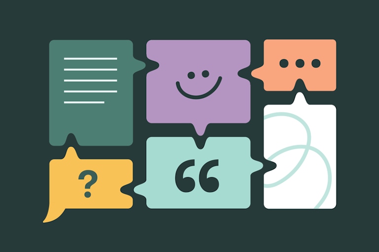 A grid of speech bubbles linked together creating a dialogue. Some of the speech bubbles have scribbles, quotation marks, or happy and sad faces.