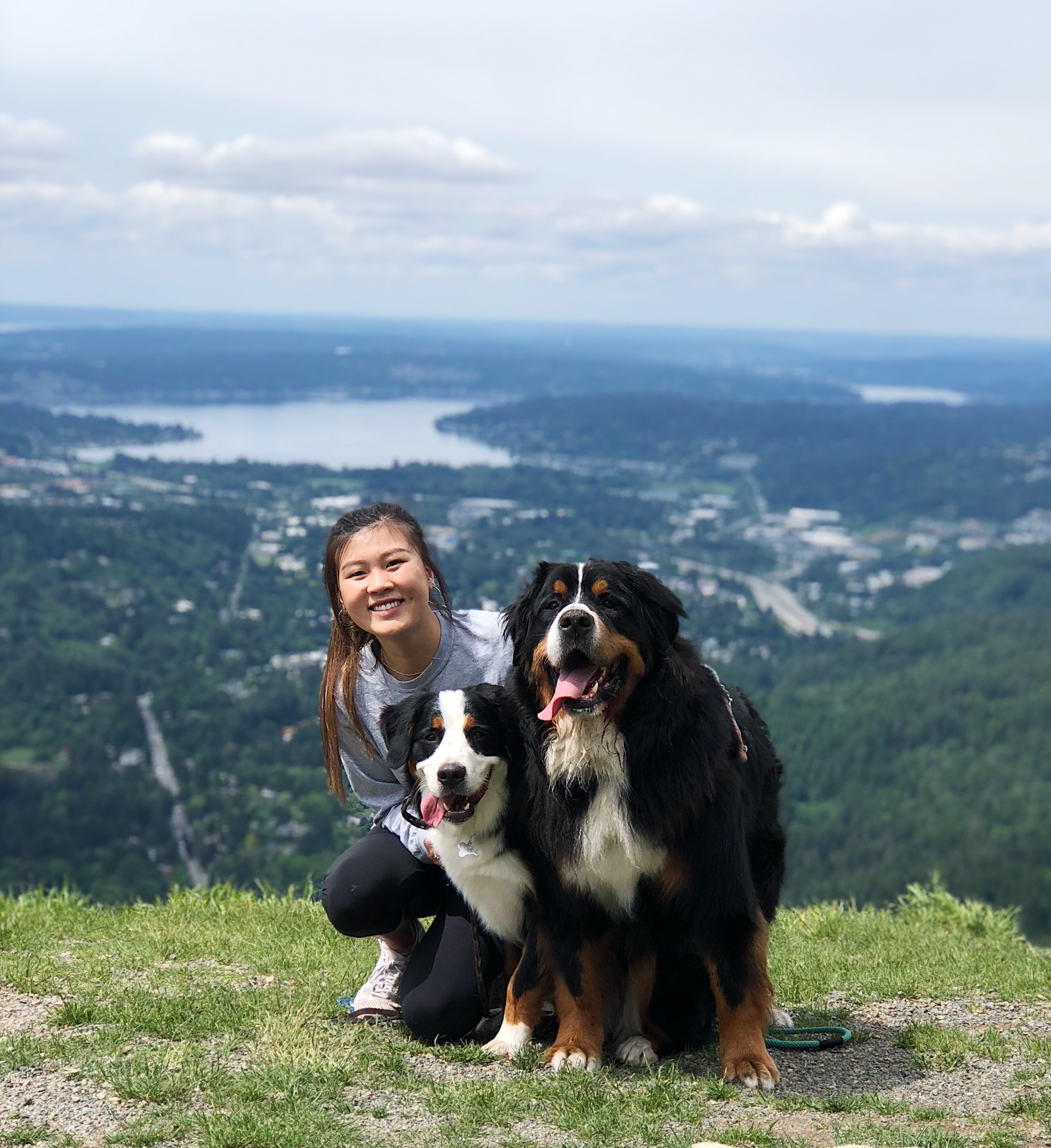 Kathryn on  a mountain top with her dogs