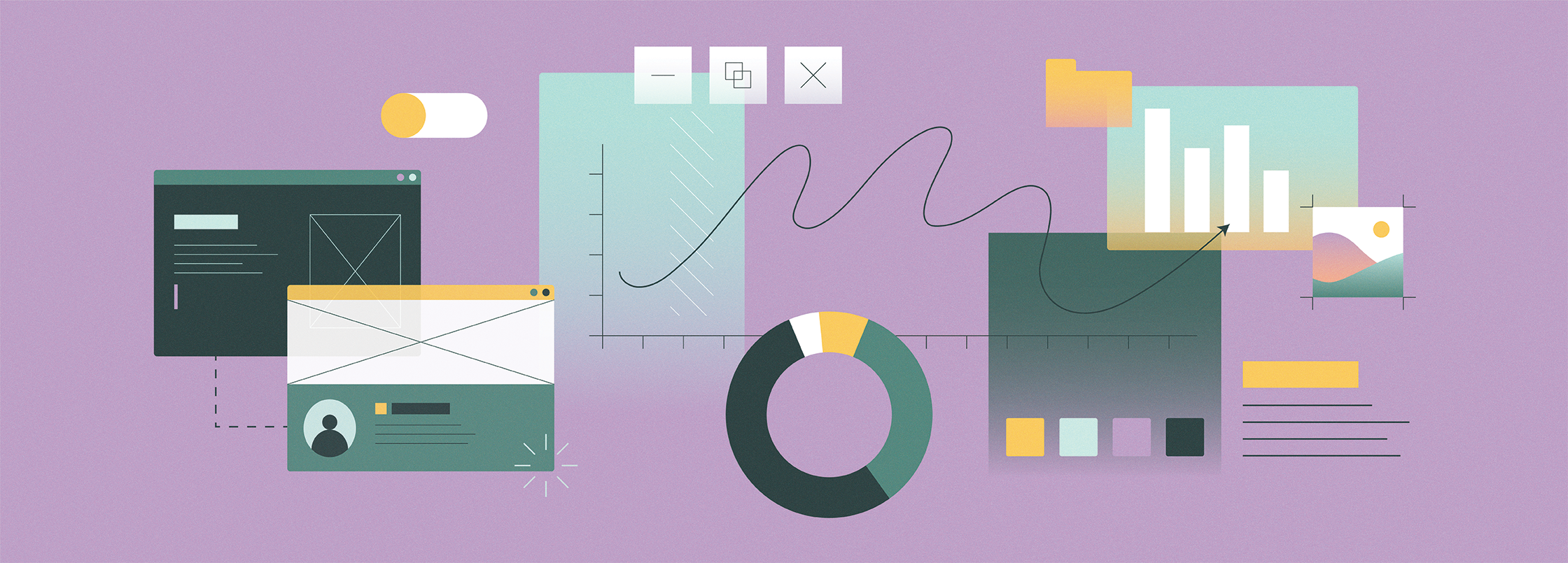 Illustration of website elements on a purple background, including wireframe layouts, charts, graphs, toggles, and color swatches, representing website complexity, design, and data visualization.