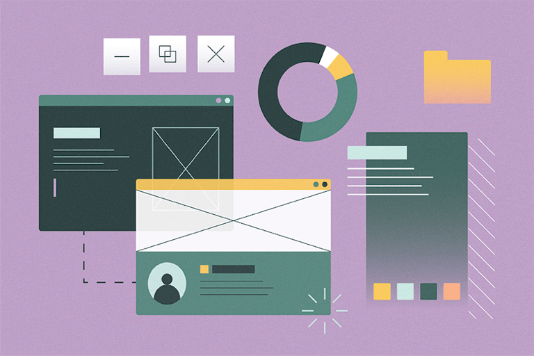 Illustration of website elements on a purple background, including wireframe layouts, charts, graphs, toggles, and color swatches, representing website complexity, design, and data visualization.