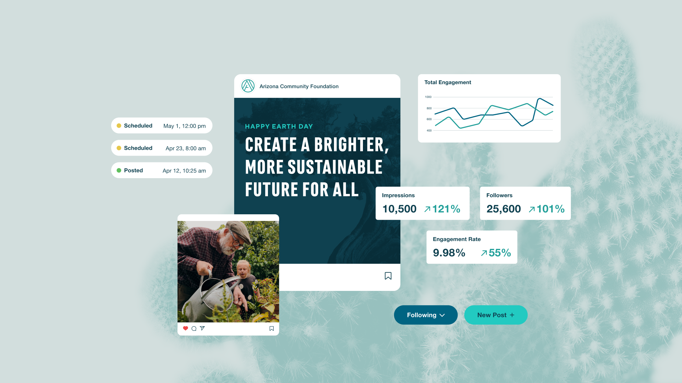 A collage of social media designs, statistics, and scheduling buttons.