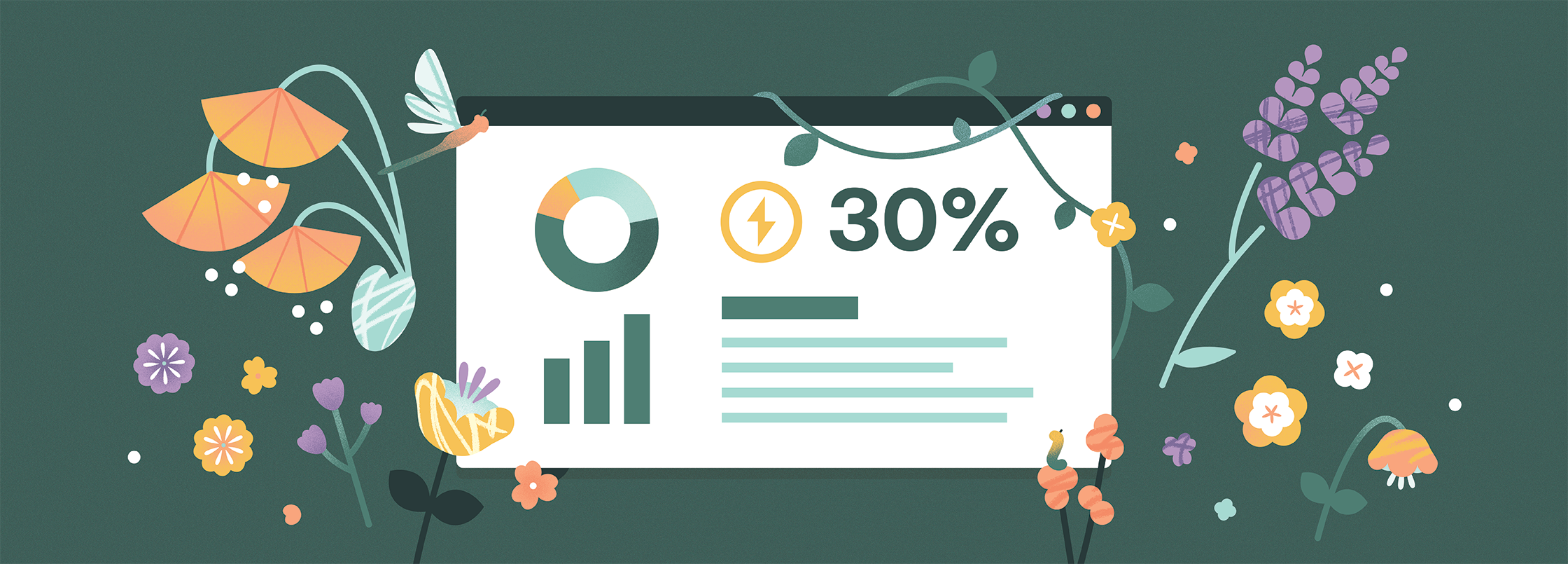 Illustration of a data dashboard surrounded by whimsical flowers and plants. The dashboard shows a donut chart, bar graph, and a “30%” energy icon, symbolizing environmental data or sustainable progress. The overall style is playful and nature-themed, evoking a balance between technology and ecology.