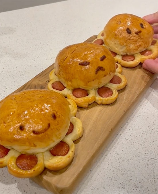 homemade bread buns in the shape of an octopus
