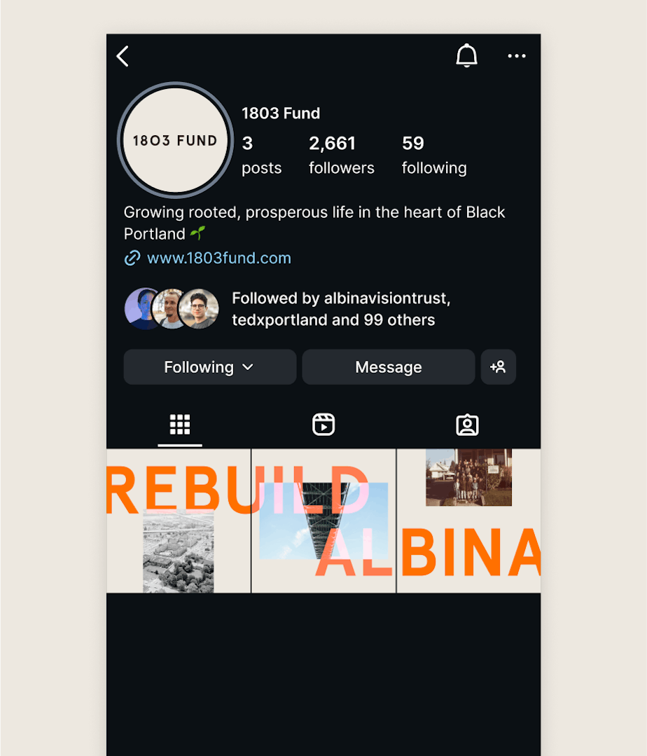 1803 Fund's instagram profile mockup