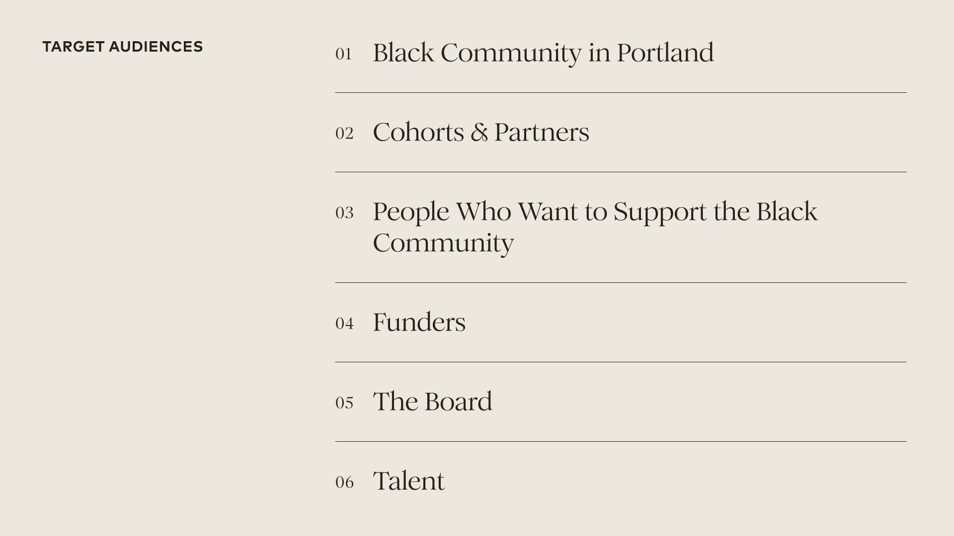 Target audience list labeled one to six