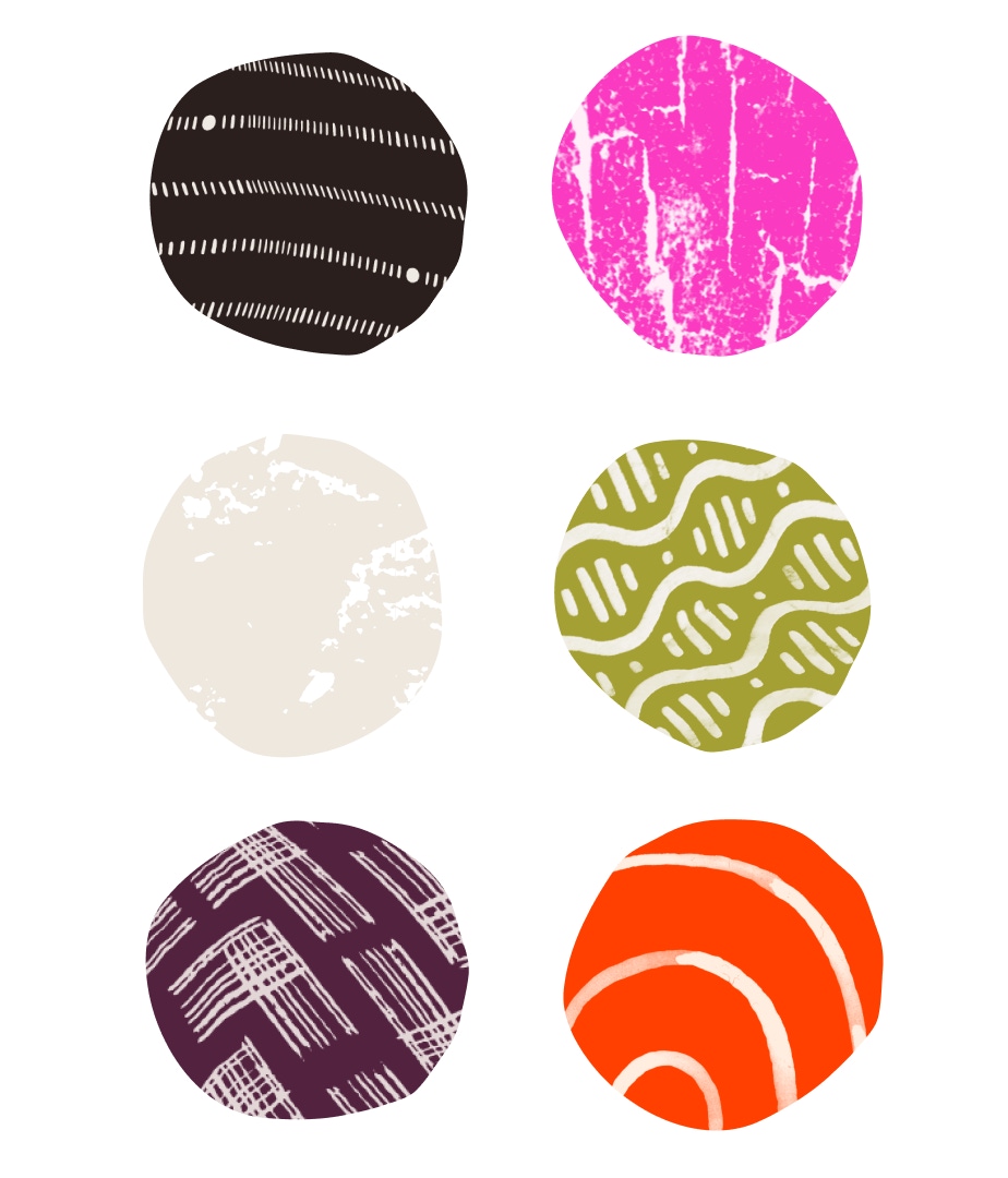 Bright vibrant graphic of 6 circles made up of colorful patterns