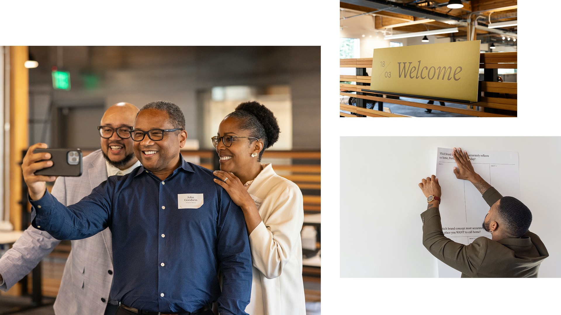 3 pictures in a collage with people taking a selfie, a welcome sign, and a man hanging up a poster on the wall