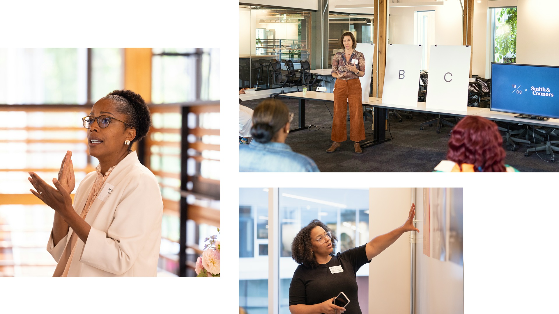 Picture collage of 3 women speaking in front of group of audience