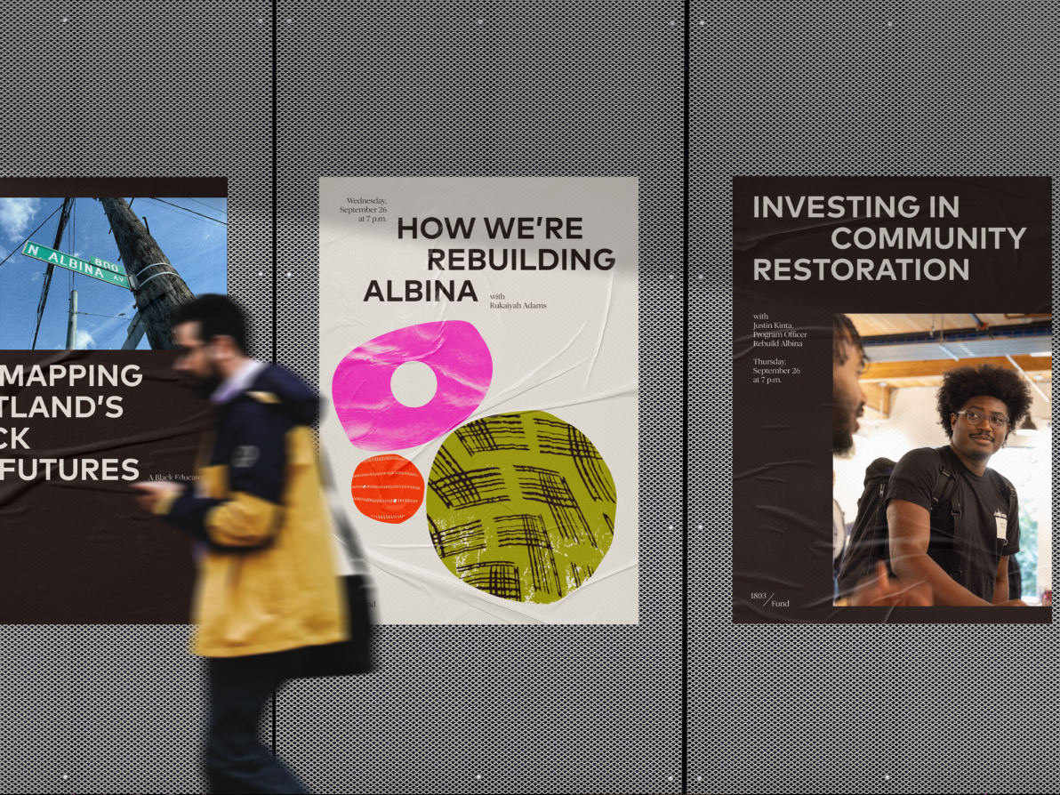 Bold, graphic shapes and soft pastel color treatments with man walking in front