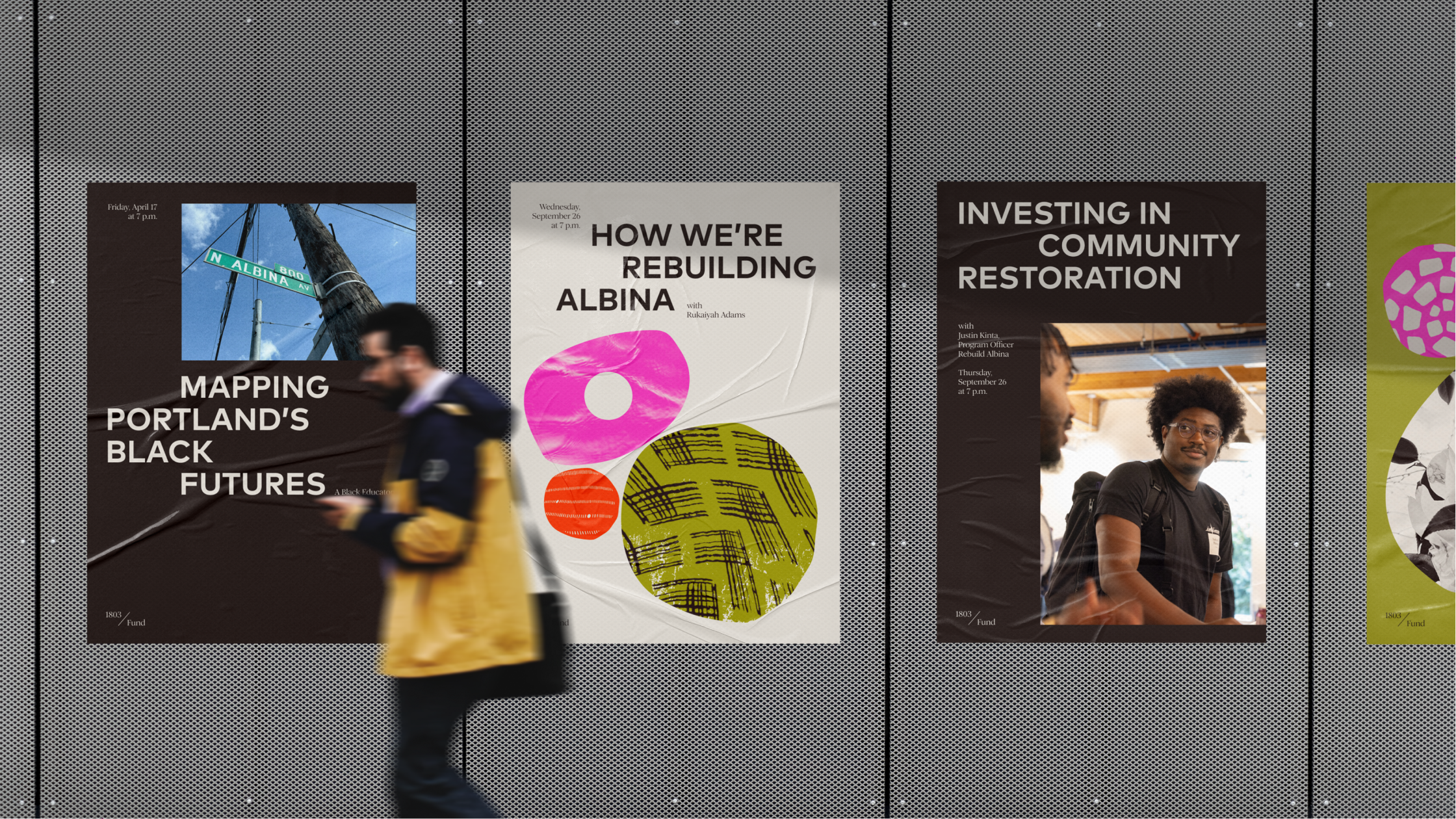 Bold, graphic shapes and soft pastel color treatments with man walking in front