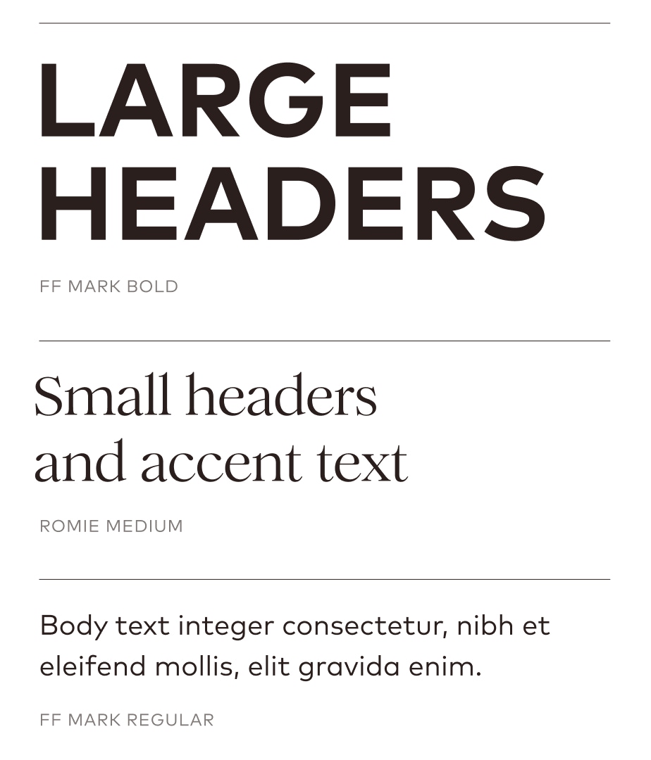 Typographic mockup showing large header type, small header type, and body type