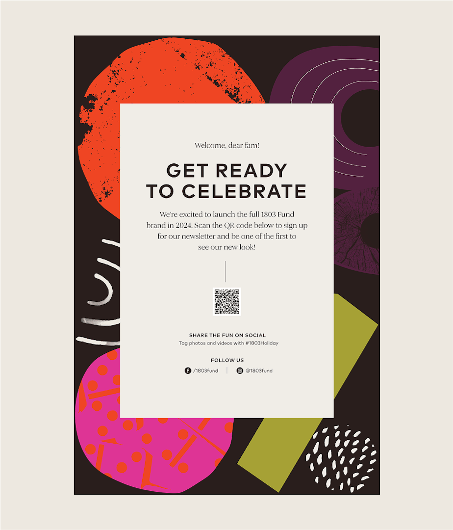 Holiday party invite with 1803 Fund vibrant graphics behind the copy