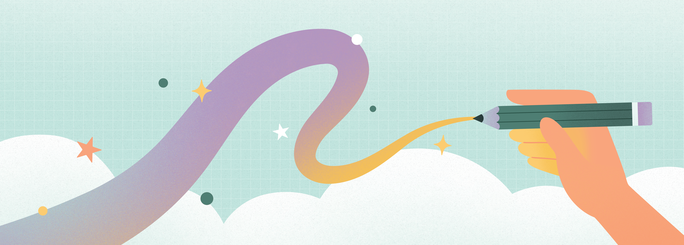An illustration of a hand holding a pencil, drawing a colorful, swirling trail that shifts from gold to purple across the sky. The background has a grid texture with clouds at the bottom and scattered stars and dots, creating a dreamy, imaginative atmosphere.