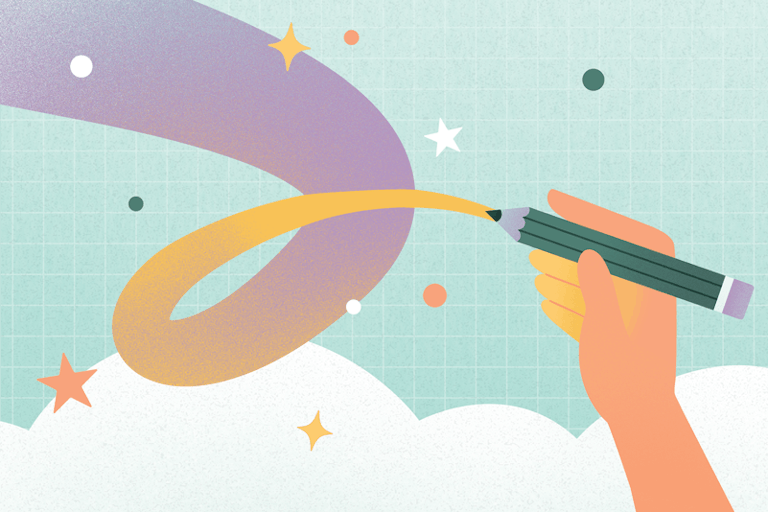An illustration of a hand holding a pencil, drawing a colorful, swirling trail that shifts from gold to purple across the sky. The background has a grid texture with clouds at the bottom and scattered stars and dots, creating a dreamy, imaginative atmosphere.