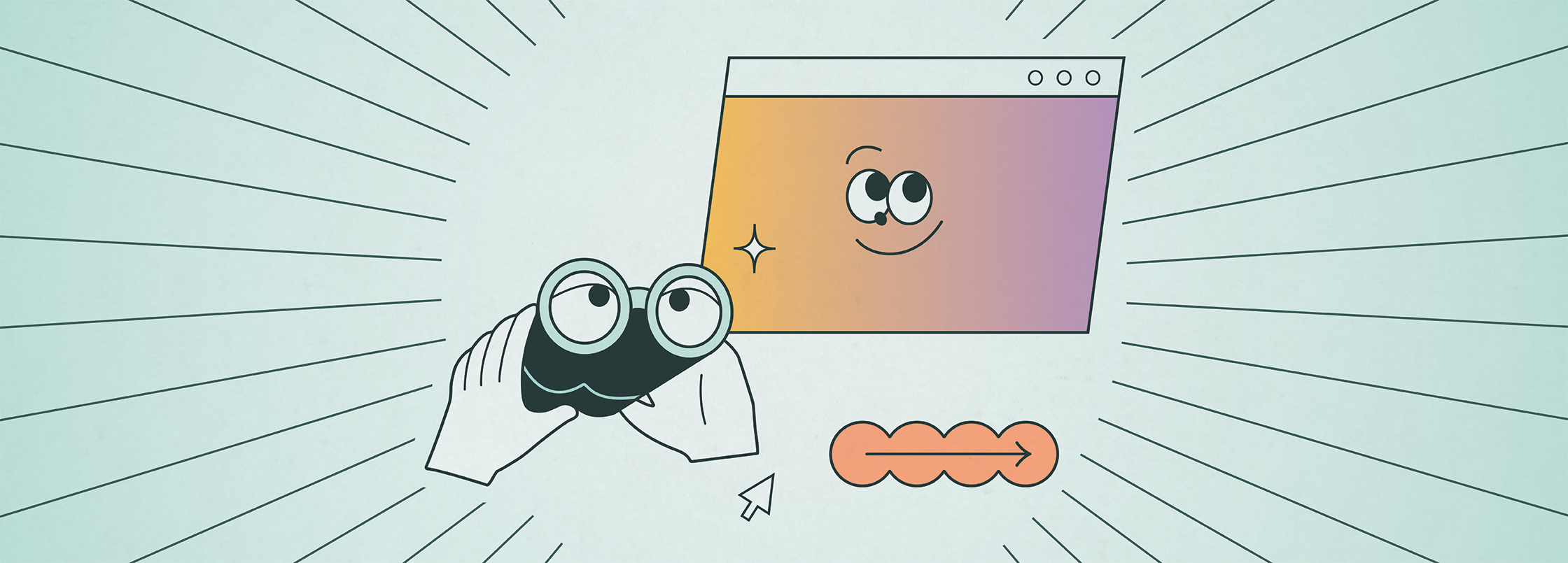 Illustration of a smiling web browser window with eyes surrounded by a ray of lines