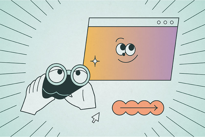 Illustration of a smiling web browser window with eyes surrounded by a ray of lines