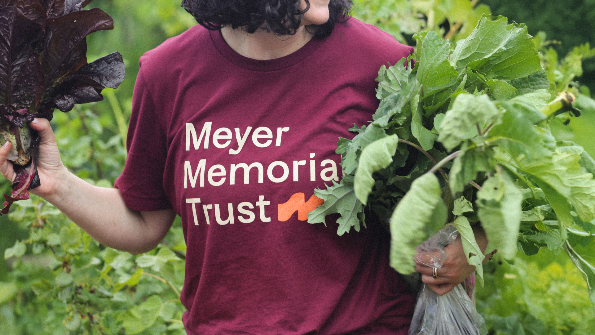 Person wearing a maroon Meyer Memorial Trust shirt holds freshly harvested greens in a garden