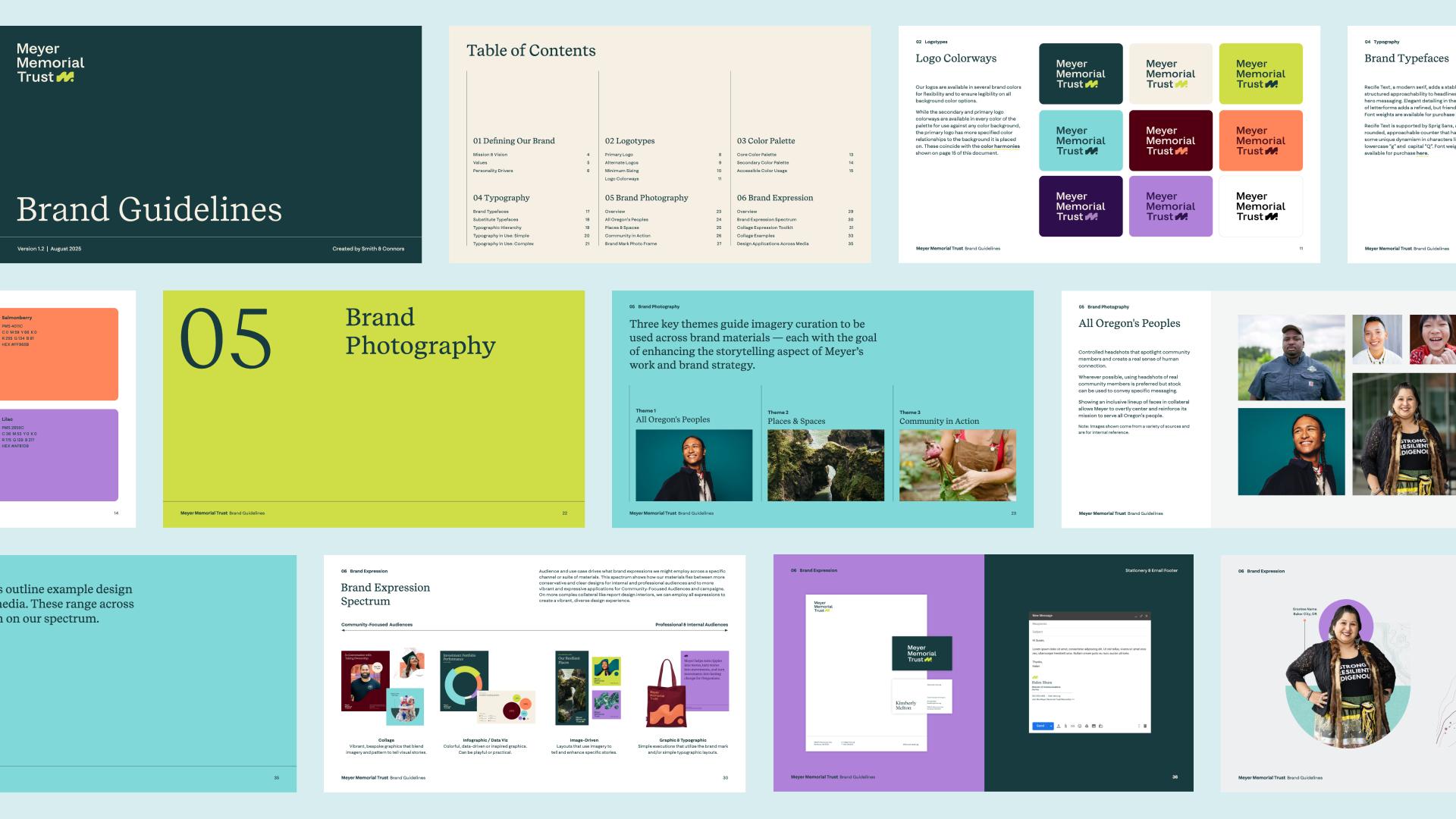 Overview of Meyer Memorial Trust’s brand guidelines showing pages on logo use, color palette, typography, photography, and brand expression