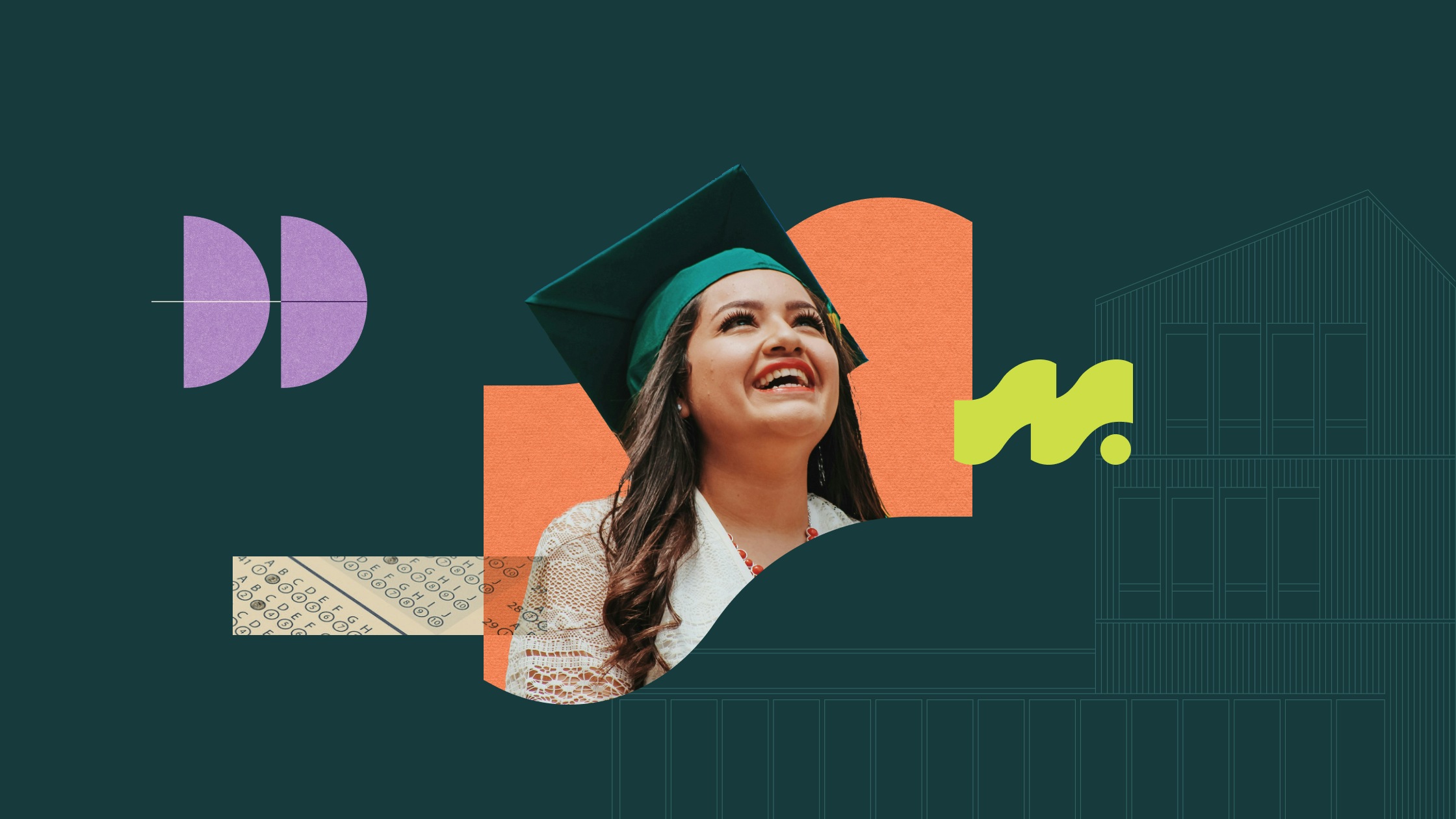 A young graduate wearing a green cap smiles against an abstract collage of colorful shapes and textures, including orange, yellow-green, and purple graphics on a dark teal background