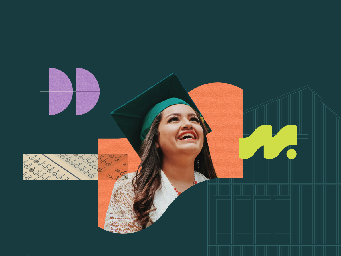 A young graduate wearing a green cap smiles against an abstract collage of colorful shapes and textures, including orange, yellow-green, and purple graphics on a dark teal background