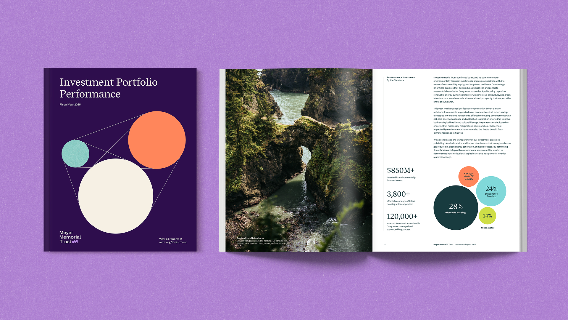 Meyer Memorial Trust investment report with cover and open spread showing charts and nature photography