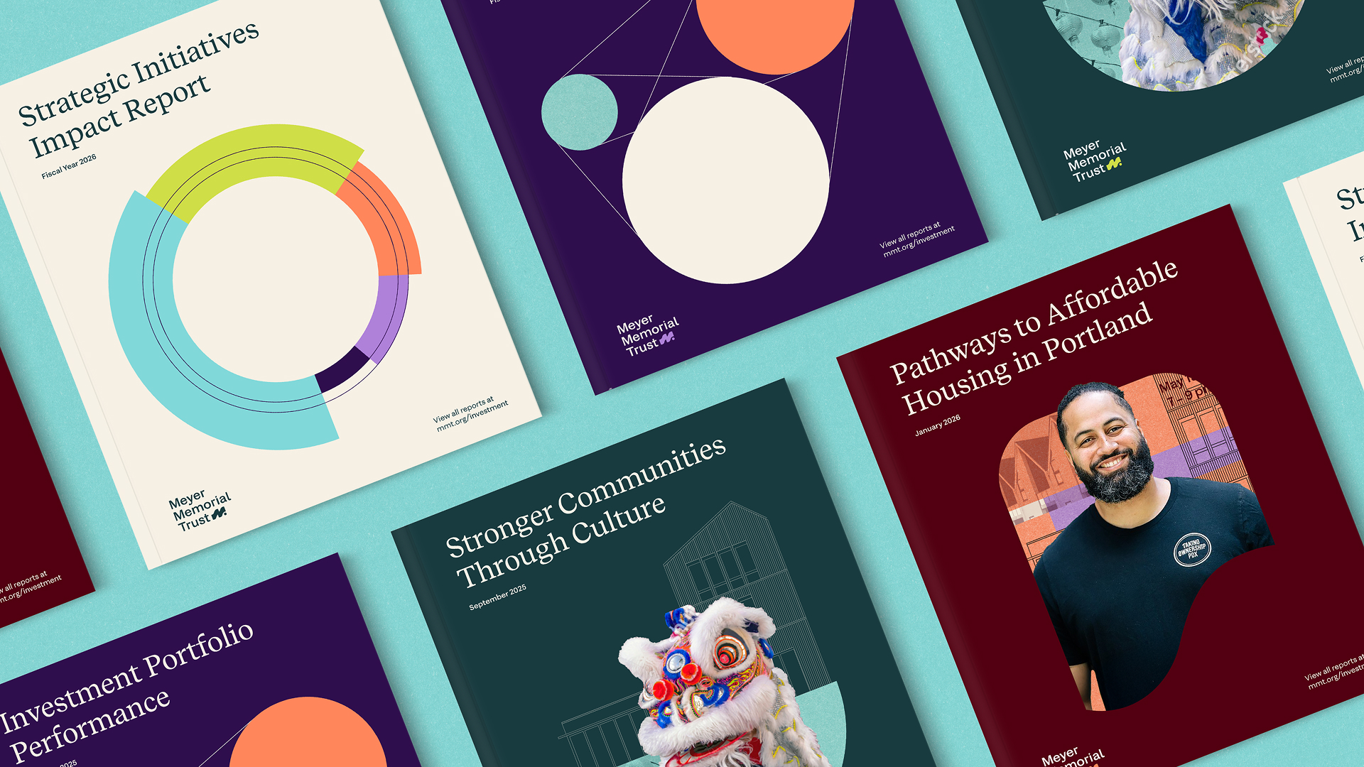Collection of colorful Meyer Memorial Trust report covers displayed on a blue background.